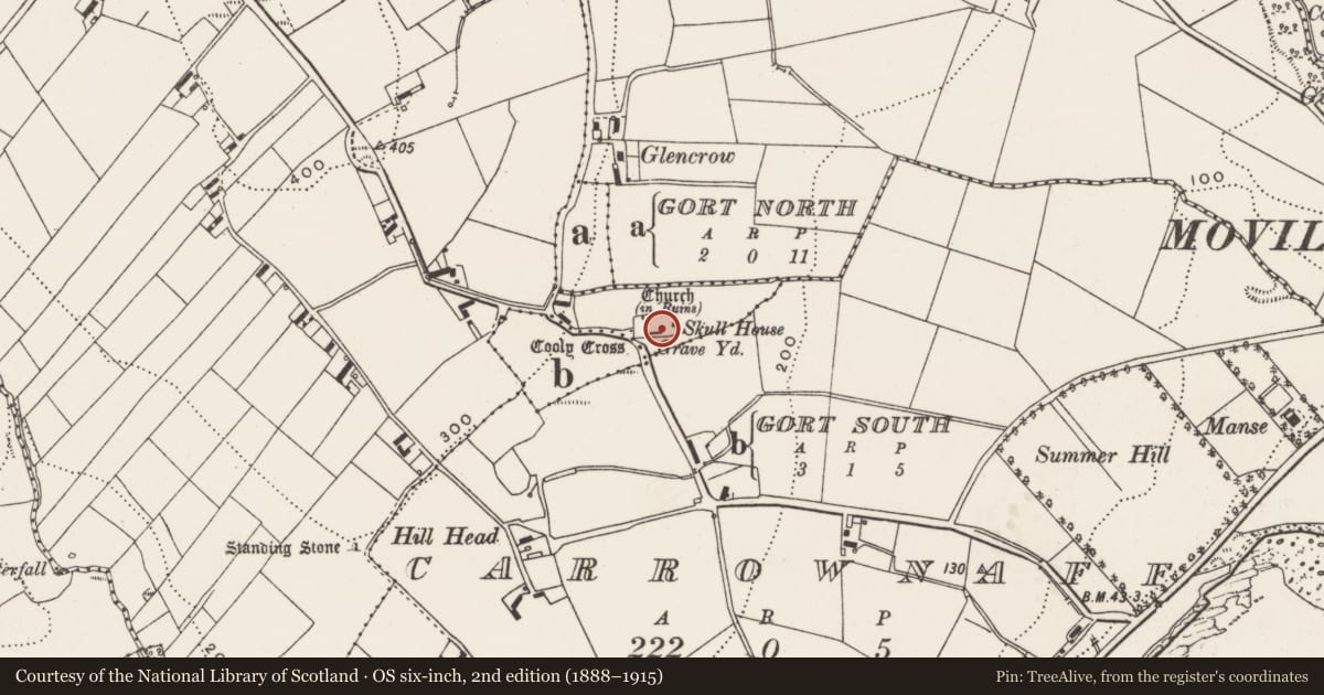 Ordnance Survey six-inch map, 2nd edition (1888–1915) covering the location of Cross, Cooly, County Donegal, with a pin at the register's coordinates