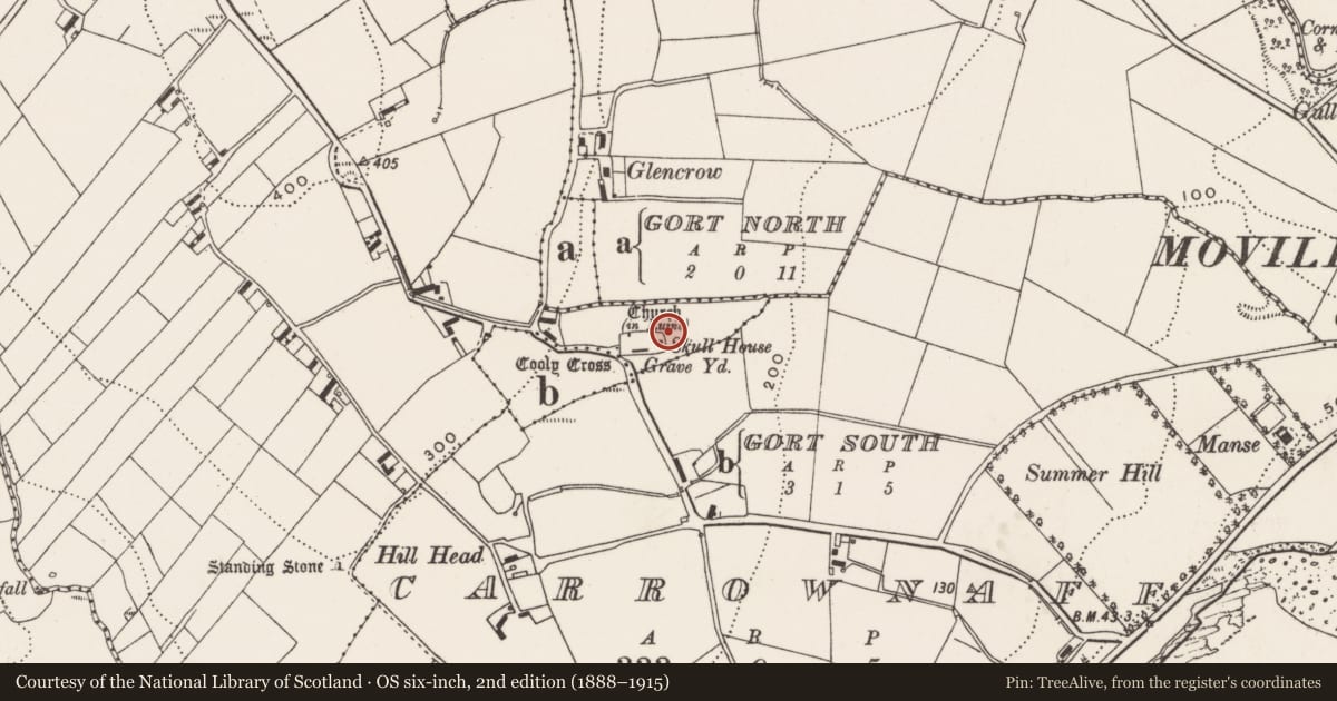 Ordnance Survey six-inch map, 2nd edition (1888–1915) covering the location of Graveslab, Cooly, County Donegal, with a pin at the register's coordinates