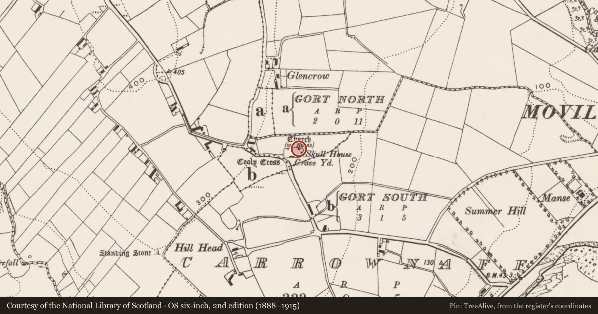 Ordnance Survey six-inch map, 2nd edition (1888–1915) covering the location of Cross-slab, Cooly, County Donegal, with a pin at the register's coordinates
