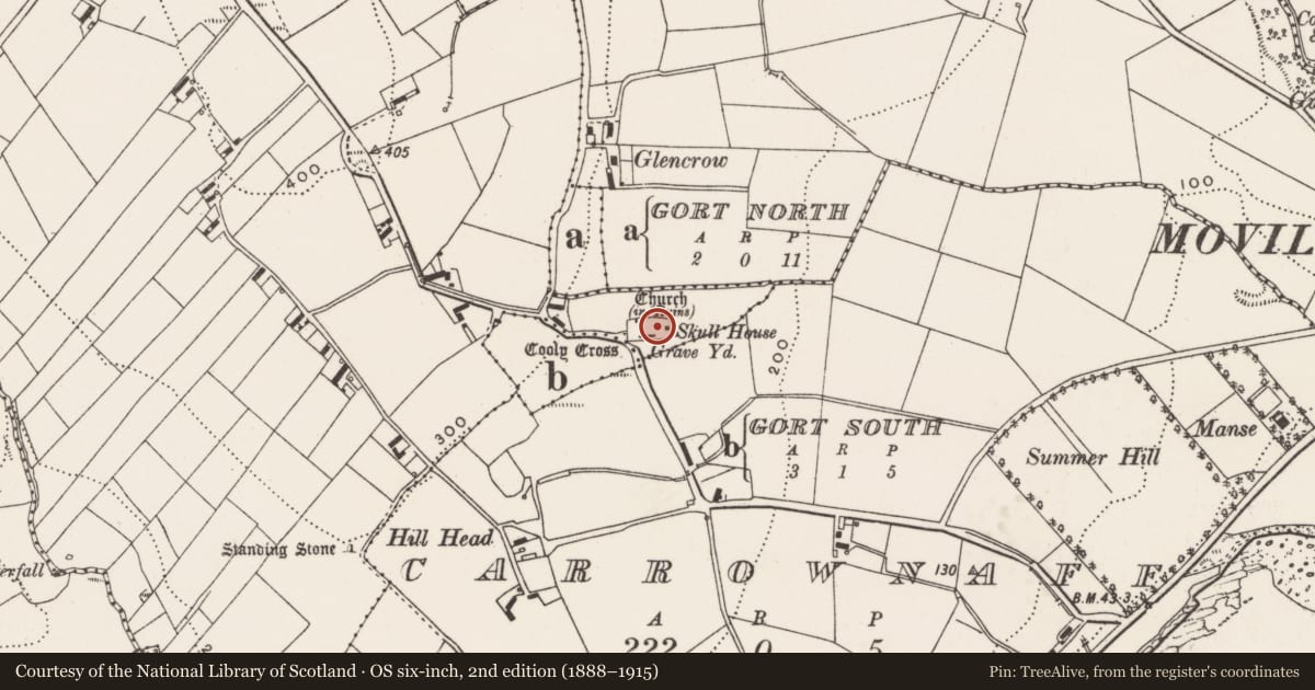 Ordnance Survey six-inch map, 2nd edition (1888–1915) covering the location of Cross-slab, Cooly, County Donegal, with a pin at the register's coordinates