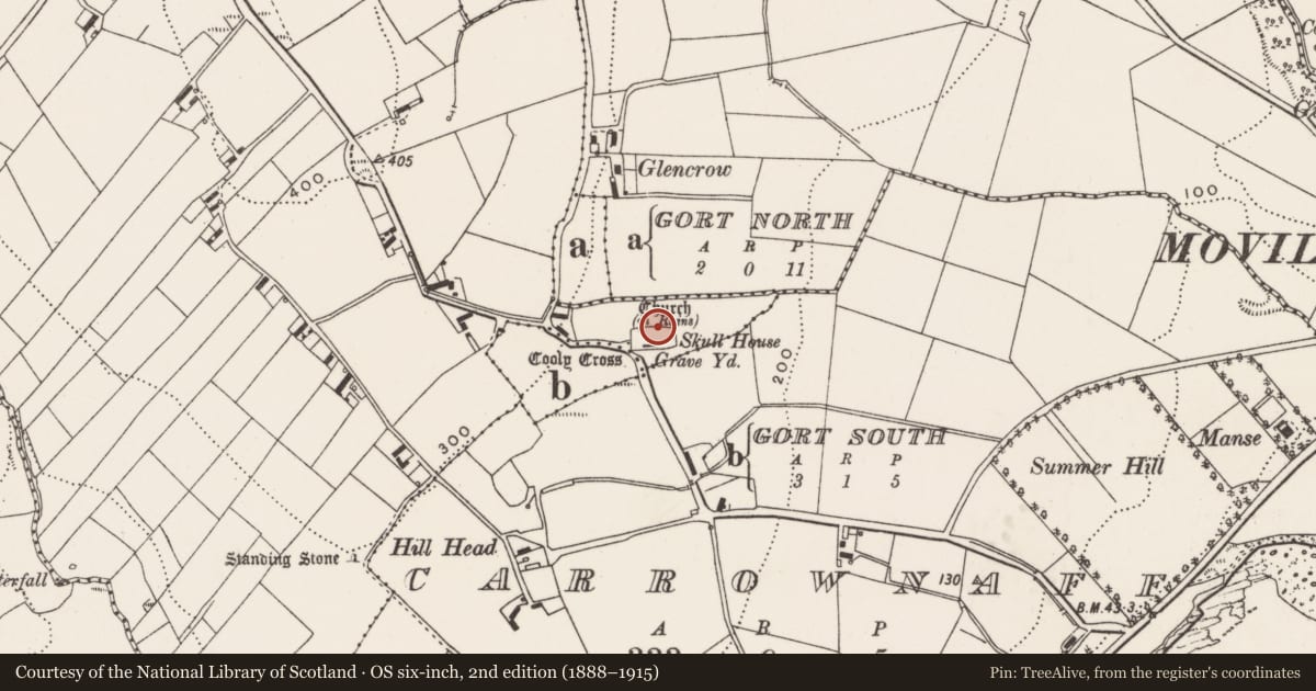 Ordnance Survey six-inch map, 2nd edition (1888–1915) covering the location of Cross-inscribed stone, Cooly, County Donegal, with a pin at the register's coordinates