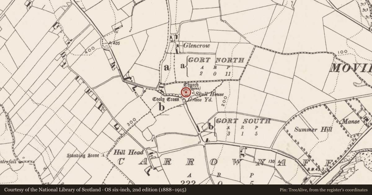 Ordnance Survey six-inch map, 2nd edition (1888–1915) covering the location of Cross-slab, Cooly, County Donegal, with a pin at the register's coordinates