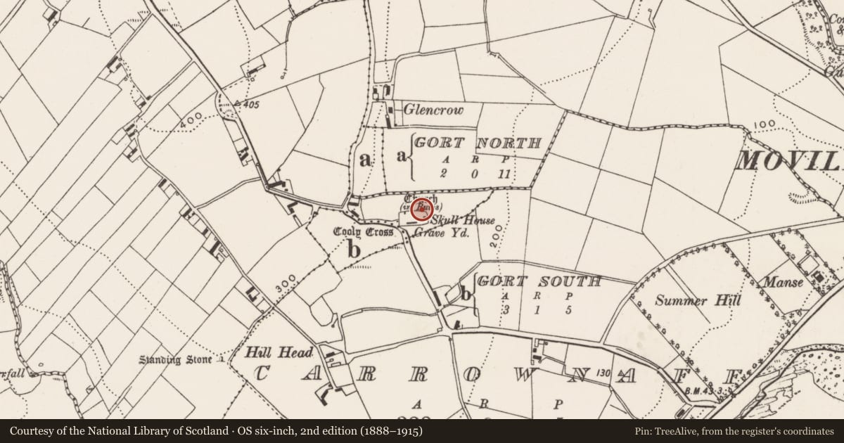Ordnance Survey six-inch map, 2nd edition (1888–1915) covering the location of Cross, Cooly, County Donegal, with a pin at the register's coordinates