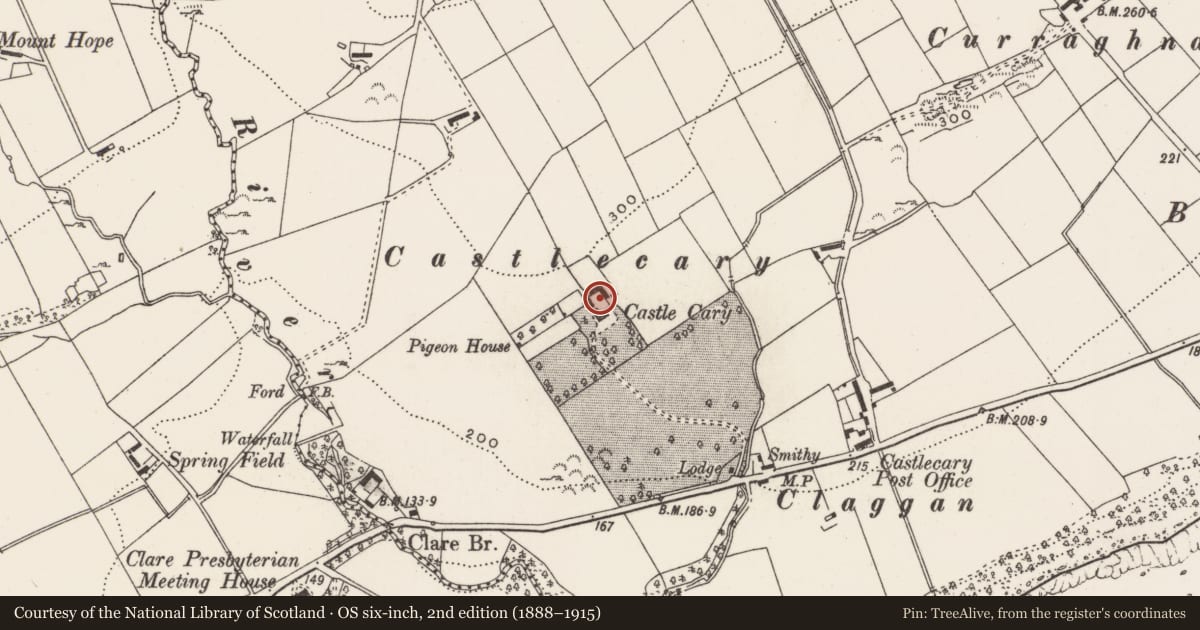 Ordnance Survey six-inch map, 2nd edition (1888–1915) covering the location of Castle - unclassified, Ballyrattan, County Donegal, with a pin at the register's coordinates