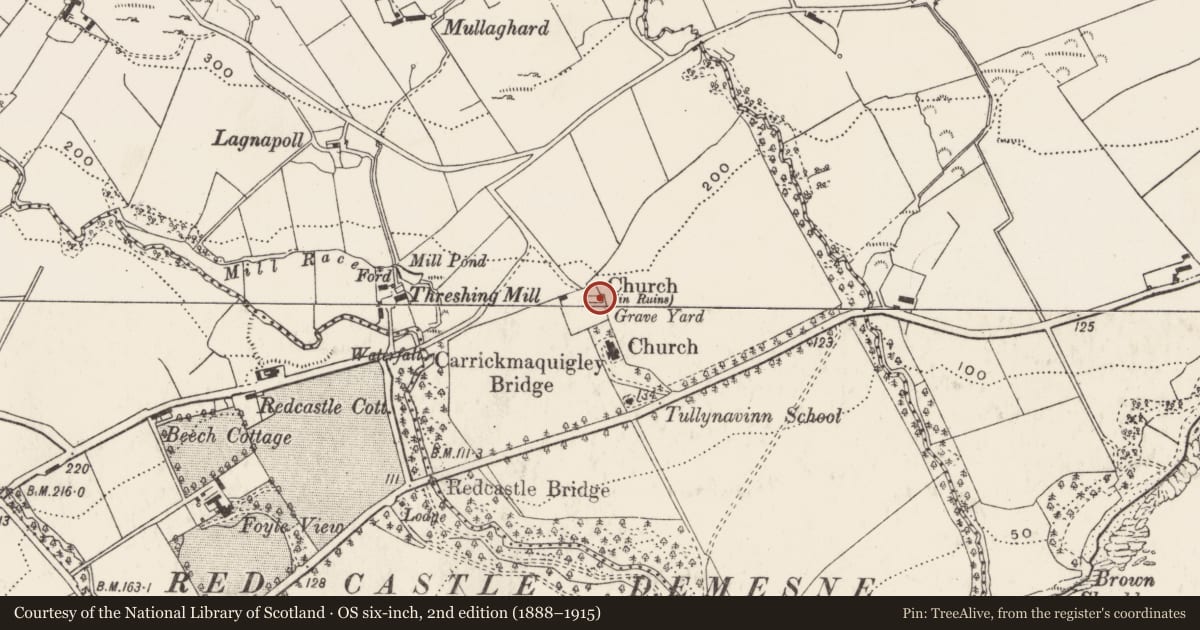 Ordnance Survey six-inch map, 2nd edition (1888–1915) covering the location of Church, Tullynavinn, County Donegal, with a pin at the register's coordinates