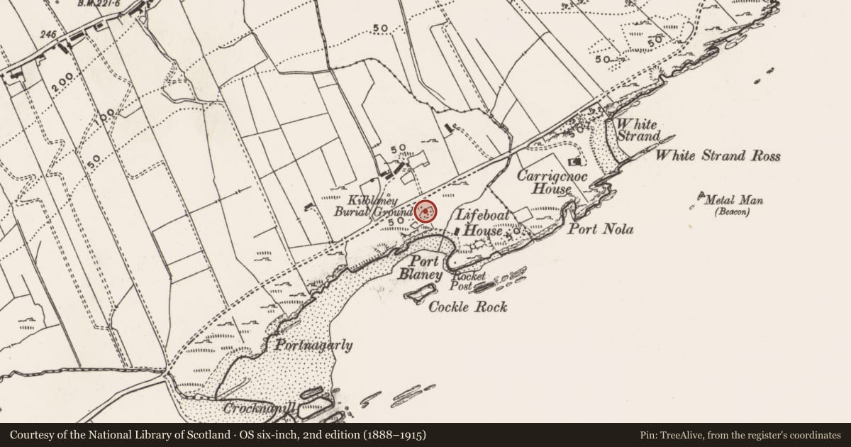 Ordnance Survey six-inch map, 2nd edition (1888–1915) covering the location of Graveyard, Carrowhugh, County Donegal, with a pin at the register's coordinates