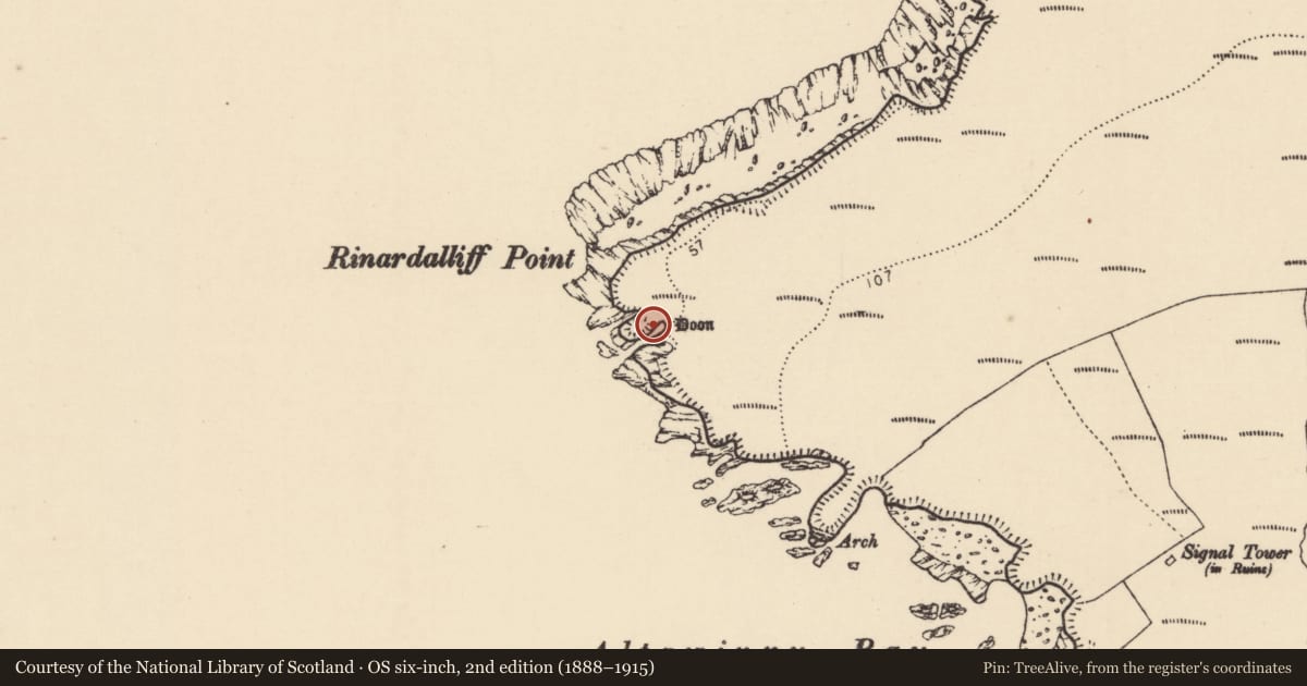 Ordnance Survey six-inch map, 2nd edition (1888–1915) covering the location of Hut site, Cnoc Fola, County Donegal, with a pin at the register's coordinates