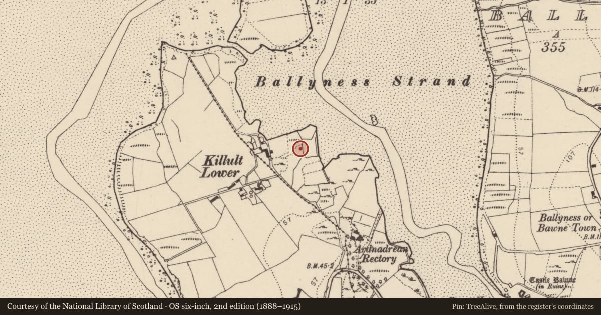 Ordnance Survey six-inch map, 2nd edition (1888–1915) covering the location of Church, An Glaidhb (TC Na Croisbhealaí), County Donegal, with a pin at the register's coordinates