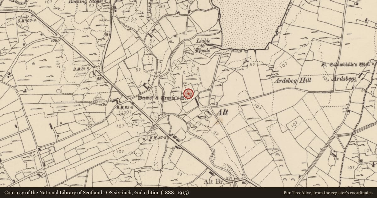 Ordnance Survey six-inch map, 2nd edition (1888–1915) covering the location of Megalithic tomb - portal tomb, An Ardaidh Bheag, County Donegal, with a pin at the register's coordinates