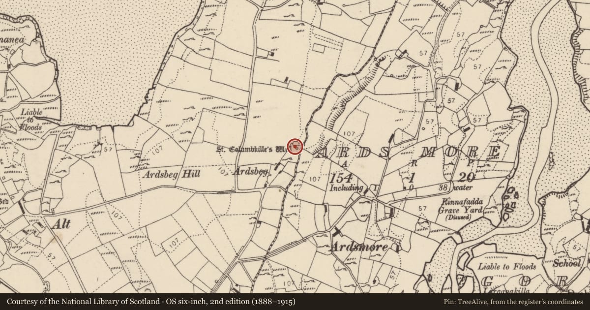 Ordnance Survey six-inch map, 2nd edition (1888–1915) covering the location of Ritual site - holy well, An Ardaidh Bheag, County Donegal, with a pin at the register's coordinates
