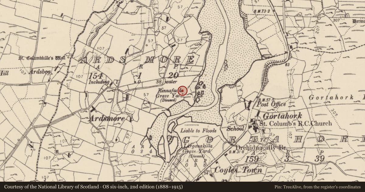 Ordnance Survey six-inch map, 2nd edition (1888–1915) covering the location of Burial ground, An Ardaidh Mhór, County Donegal, with a pin at the register's coordinates