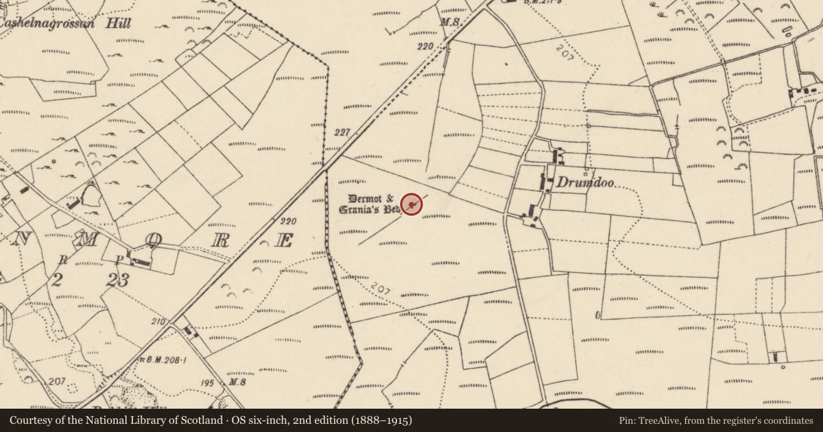 Ordnance Survey six-inch map, 2nd edition (1888–1915) covering the location of Megalithic tomb - unclassified, Murroe, County Donegal, with a pin at the register's coordinates