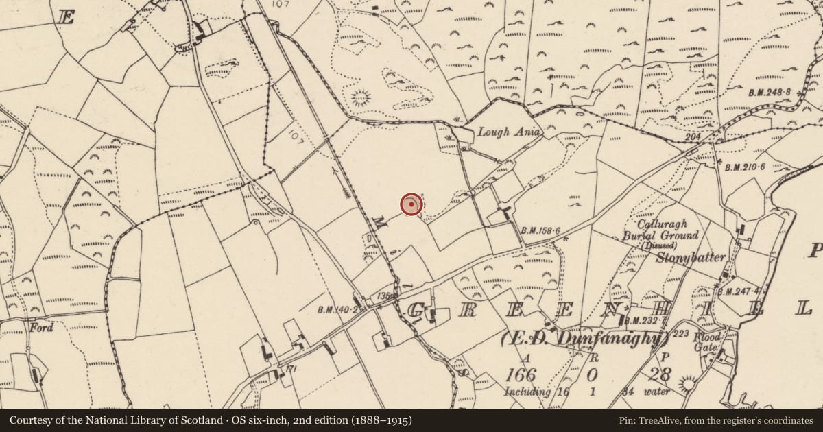 Ordnance Survey six-inch map, 2nd edition (1888–1915) covering the location of Ringfort - cashel, Greenhill, County Donegal, with a pin at the register's coordinates