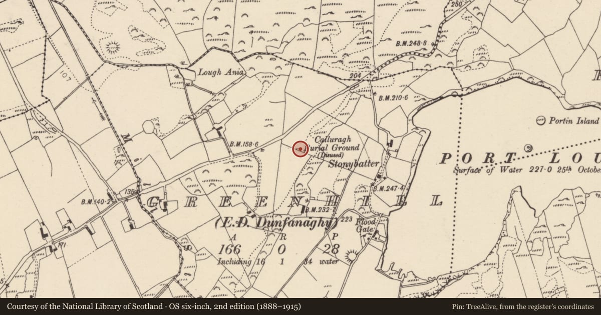 Ordnance Survey six-inch map, 2nd edition (1888–1915) covering the location of Megalithic tomb - unclassified, Greenhill, County Donegal, with a pin at the register's coordinates