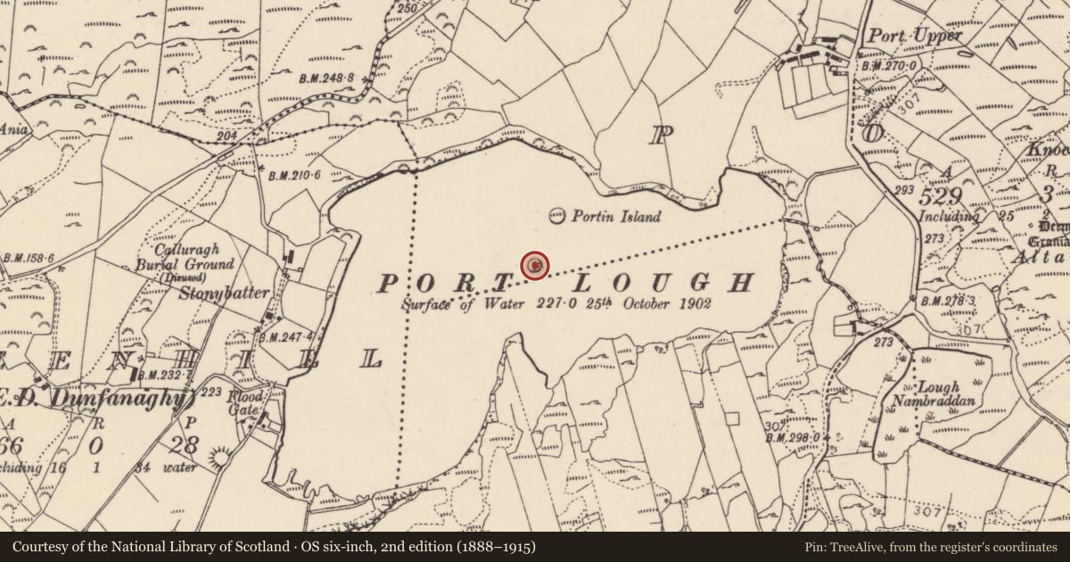 Ordnance Survey six-inch map, 2nd edition (1888–1915) covering the location of Crannog, An Port (TC Dún Fionnachaidh), County Donegal, with a pin at the register's coordinates
