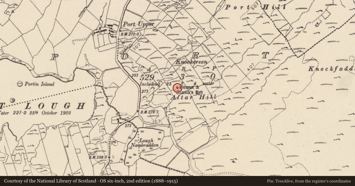 Ordnance Survey six-inch map, 2nd edition (1888–1915) covering the location of Megalithic structure, An Port (TC Dún Fionnachaidh), County Donegal, with a pin at the register's coordinates