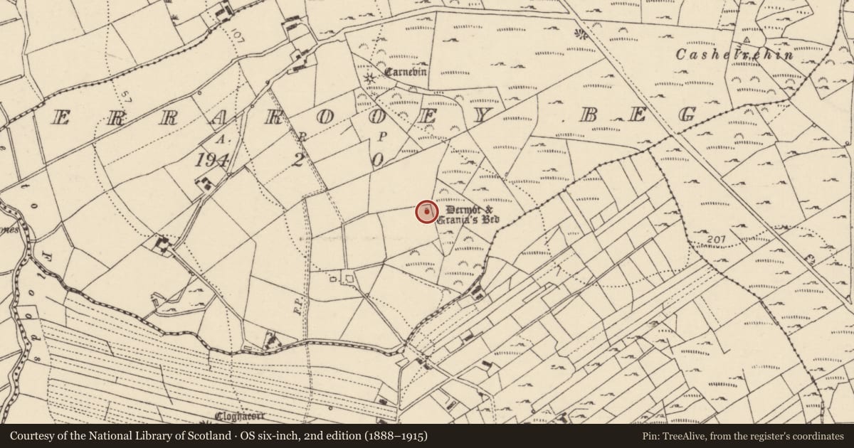 Ordnance Survey six-inch map, 2nd edition (1888–1915) covering the location of Megalithic tomb - portal tomb, Oirear Dhumhaí Beag, County Donegal, with a pin at the register's coordinates