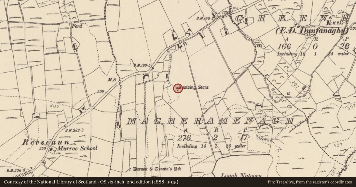 Ordnance Survey six-inch map, 2nd edition (1888–1915) covering the location of Standing stone, Magheramenagh, County Donegal, with a pin at the register's coordinates