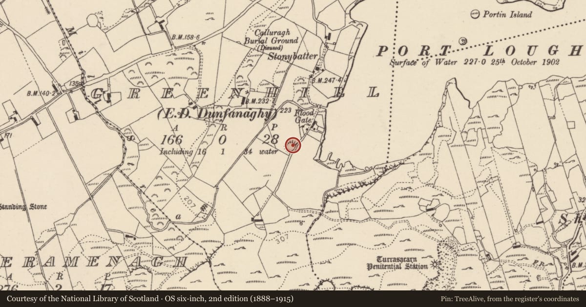 Ordnance Survey six-inch map, 2nd edition (1888–1915) covering the location of Enclosure, Greenhill, County Donegal, with a pin at the register's coordinates