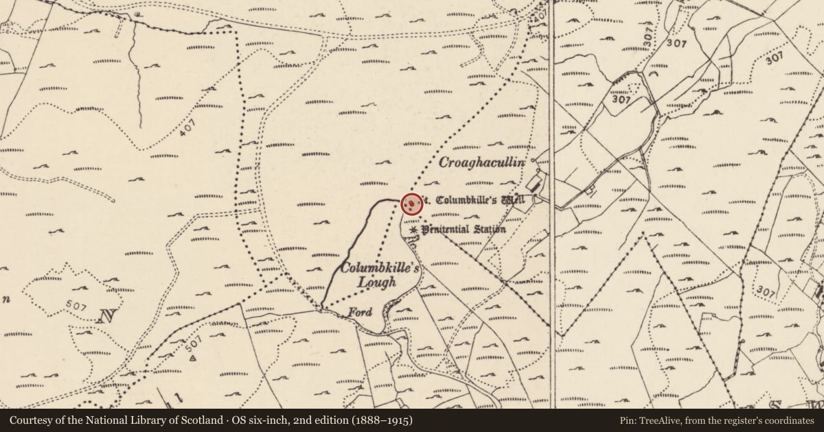 Ordnance Survey six-inch map, 2nd edition (1888–1915) covering the location of Ritual site - holy well, Knocknafaugher, County Donegal, with a pin at the register's coordinates