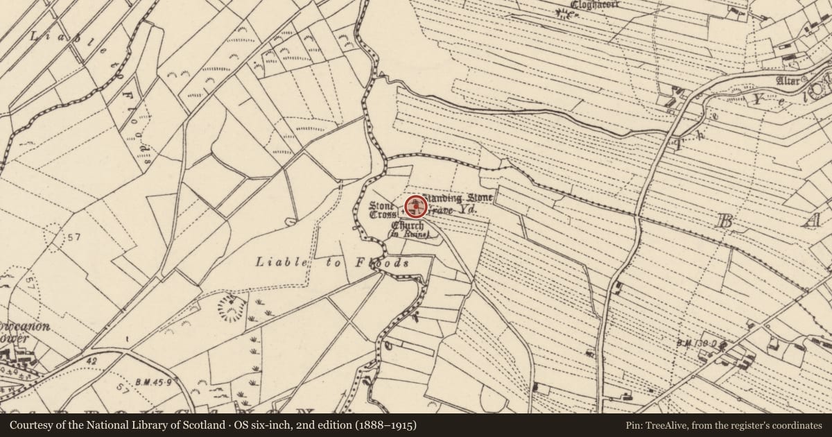 Ordnance Survey six-inch map, 2nd edition (1888–1915) covering the location of Standing stone, Ráith, County Donegal, with a pin at the register's coordinates