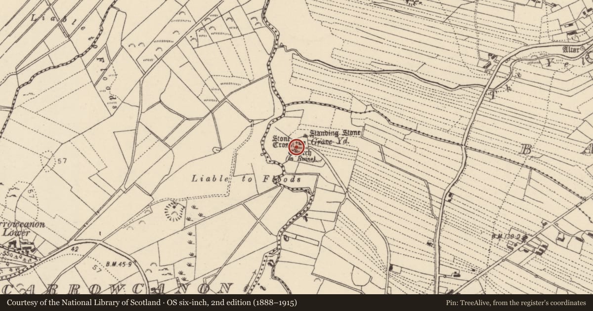 Ordnance Survey six-inch map, 2nd edition (1888–1915) covering the location of Bullaun stone, Ráith, County Donegal, with a pin at the register's coordinates