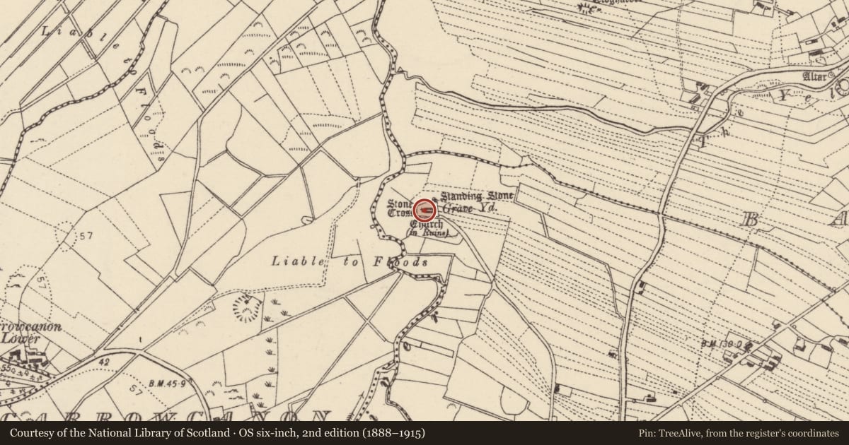 Ordnance Survey six-inch map, 2nd edition (1888–1915) covering the location of Stone sculpture, Ráith, County Donegal, with a pin at the register's coordinates
