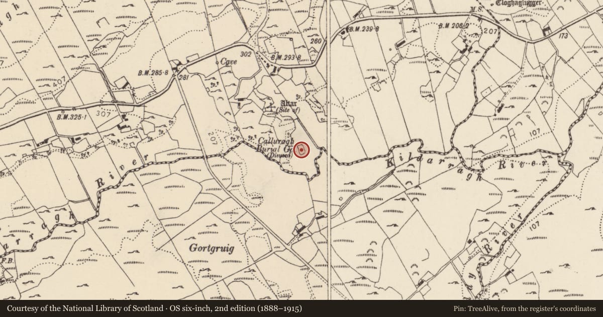 Ordnance Survey six-inch map, 2nd edition (1888–1915) covering the location of Burial ground, Kildarragh, County Donegal, with a pin at the register's coordinates