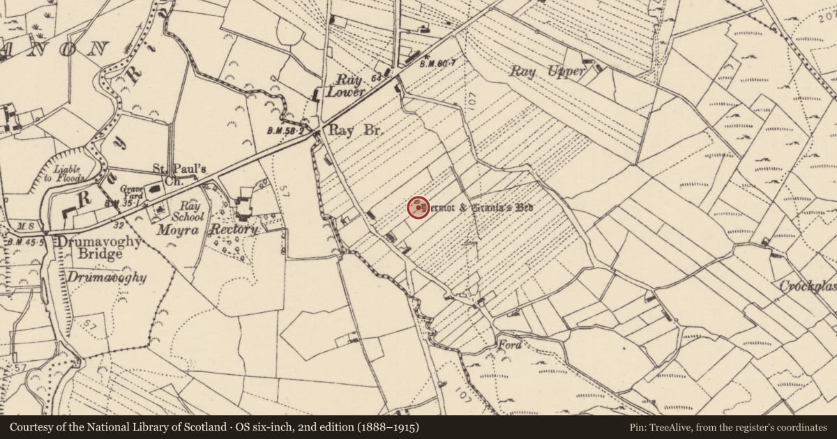 Ordnance Survey six-inch map, 2nd edition (1888–1915) covering the location of Megalithic tomb - court tomb, Ráith, County Donegal, with a pin at the register's coordinates