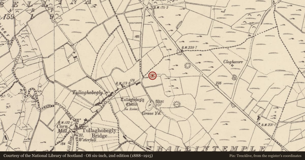 Ordnance Survey six-inch map, 2nd edition (1888–1915) covering the location of Ritual site - holy well, Baile An Teampaill, County Donegal, with a pin at the register's coordinates