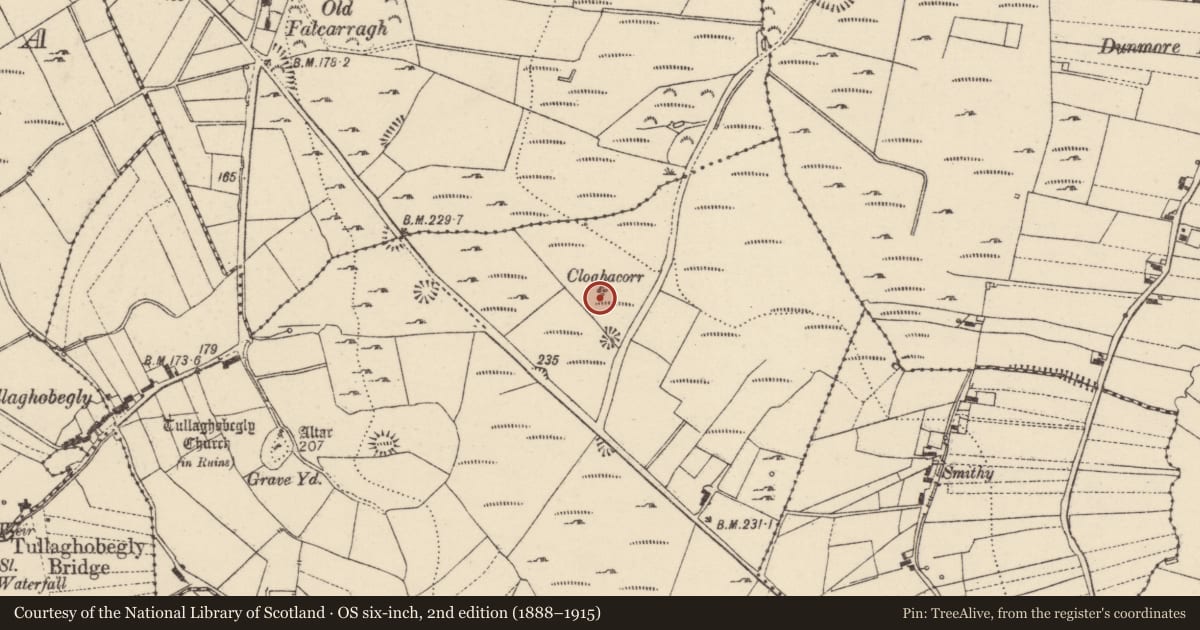 Ordnance Survey six-inch map, 2nd edition (1888–1915) covering the location of Megalithic tomb - court tomb, Baile An Teampaill, County Donegal, with a pin at the register's coordinates