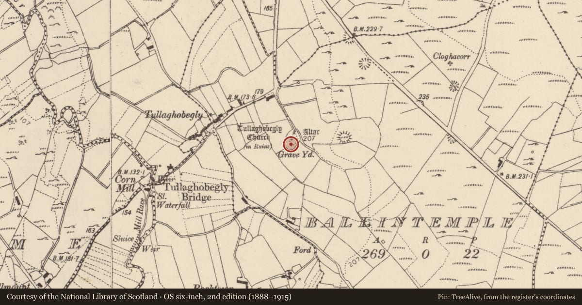Ordnance Survey six-inch map, 2nd edition (1888–1915) covering the location of Church, Baile An Teampaill, County Donegal, with a pin at the register's coordinates