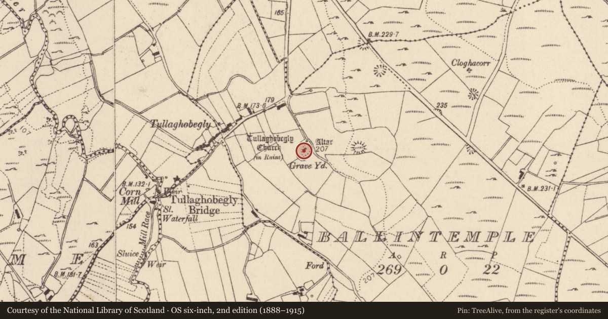 Ordnance Survey six-inch map, 2nd edition (1888–1915) covering the location of Penitential station, Baile An Teampaill, County Donegal, with a pin at the register's coordinates