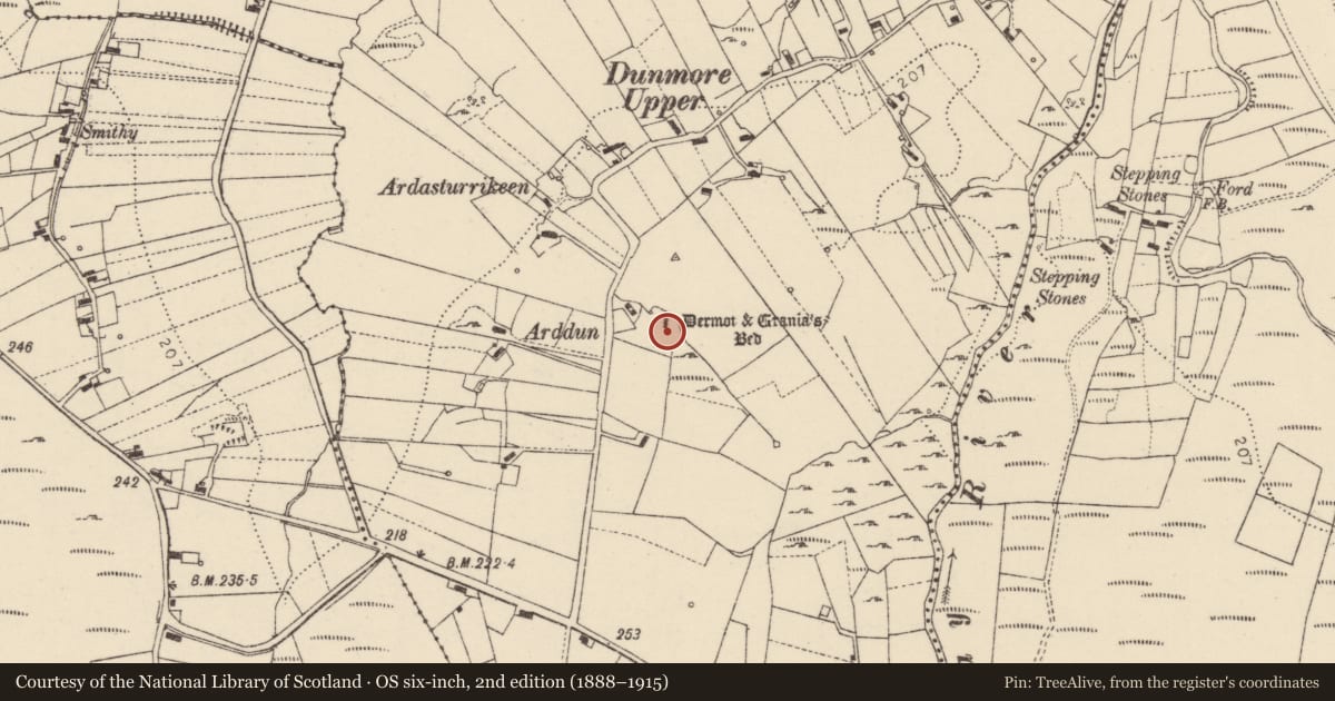 Ordnance Survey six-inch map, 2nd edition (1888–1915) covering the location of Megalithic tomb - unclassified, An Dún Mór (TC Na Croisbhealaí), County Donegal, with a pin at the register's coordinates