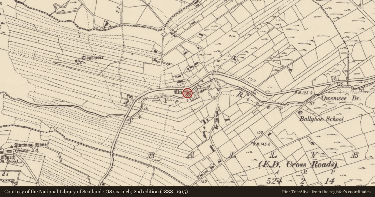 Ordnance Survey six-inch map, 2nd edition (1888–1915) covering the location of Penal Mass station, Baile Na Bó, County Donegal, with a pin at the register's coordinates