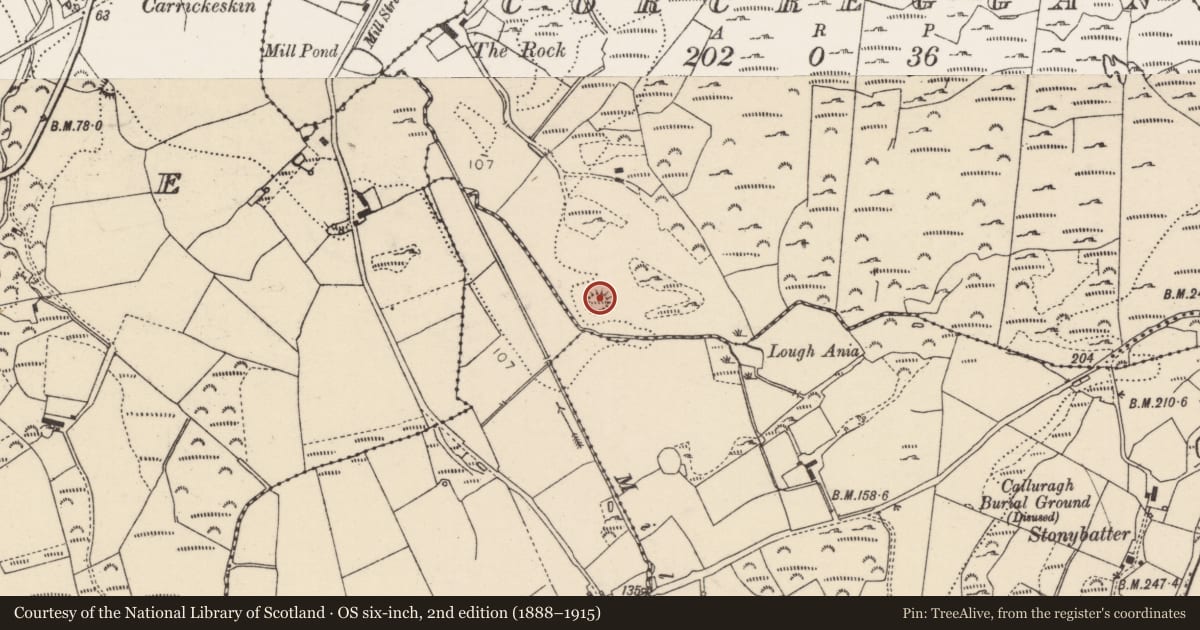 Ordnance Survey six-inch map, 2nd edition (1888–1915) covering the location of Mound, Corcreggan, County Donegal, with a pin at the register's coordinates