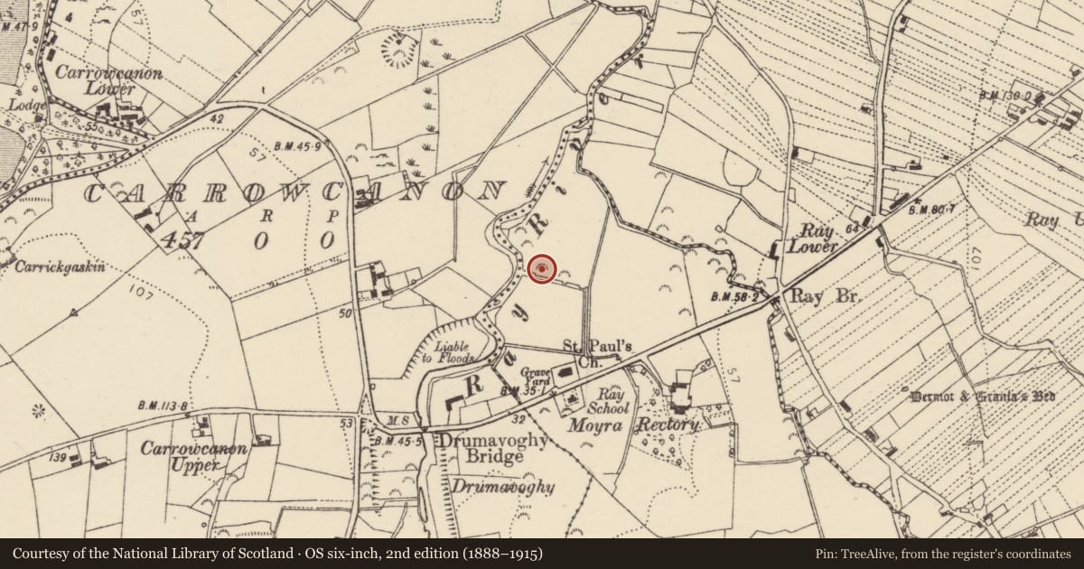 Ordnance Survey six-inch map, 2nd edition (1888–1915) covering the location of Burial mound, Maigh Ráithe, County Donegal, with a pin at the register's coordinates
