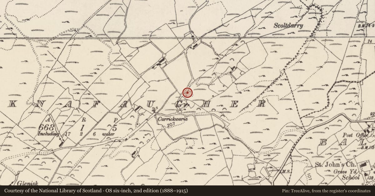 Ordnance Survey six-inch map, 2nd edition (1888–1915) covering the location of Ringfort - cashel, Knocknafaugher, County Donegal, with a pin at the register's coordinates