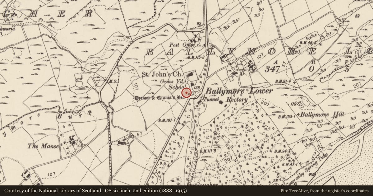 Ordnance Survey six-inch map, 2nd edition (1888–1915) covering the location of Megalithic tomb - unclassified, Ballymore Lower, County Donegal, with a pin at the register's coordinates