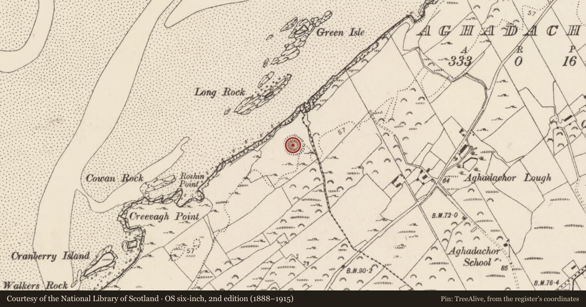 Ordnance Survey six-inch map, 2nd edition (1888–1915) covering the location of Ringfort - rath, Creevagh, County Donegal, with a pin at the register's coordinates