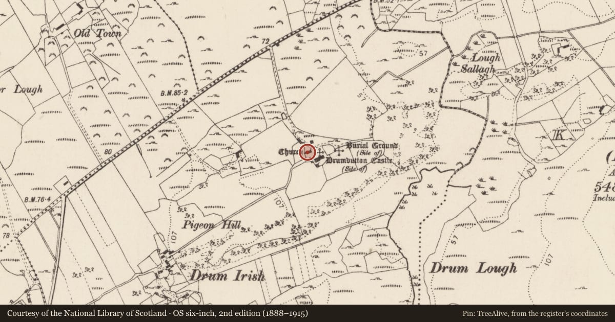 Ordnance Survey six-inch map, 2nd edition (1888–1915) covering the location of Church, Drumdutton, County Donegal, with a pin at the register's coordinates