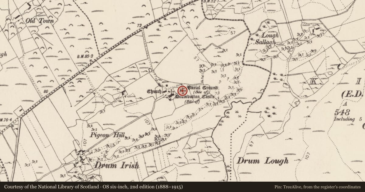 Ordnance Survey six-inch map, 2nd edition (1888–1915) covering the location of Graveyard, Drumdutton, County Donegal, with a pin at the register's coordinates