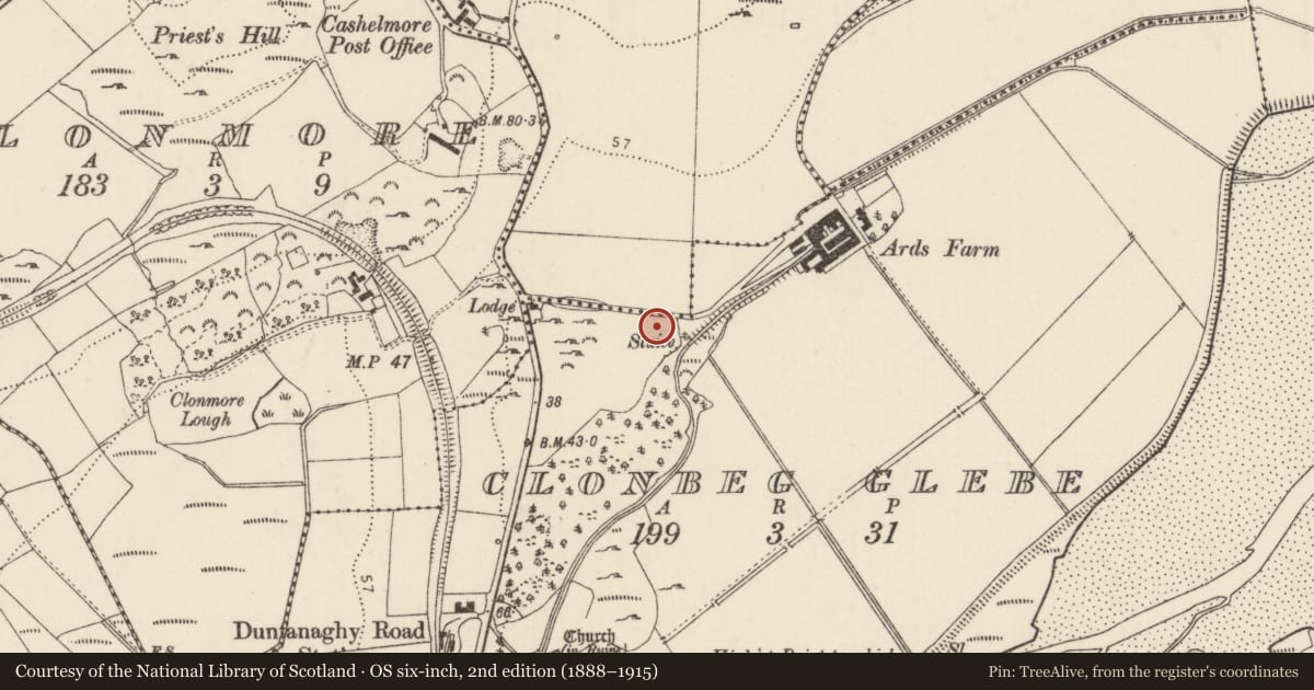 Ordnance Survey six-inch map, 2nd edition (1888–1915) covering the location of Standing stone, Clonbeg Glebe, County Donegal, with a pin at the register's coordinates