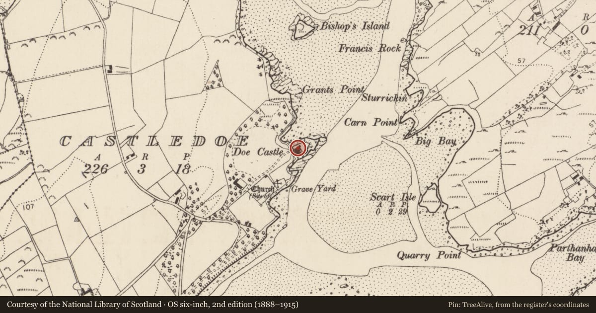 Ordnance Survey six-inch map, 2nd edition (1888–1915) covering the location of Bawn, Castledoe, County Donegal, with a pin at the register's coordinates