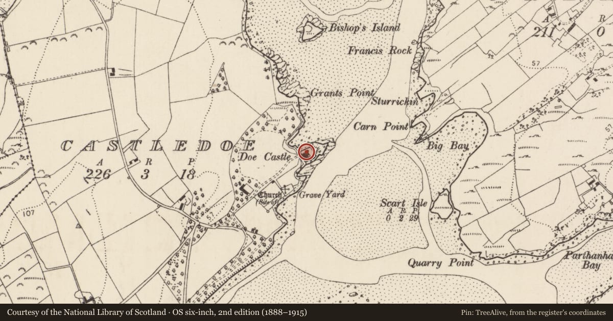 Ordnance Survey six-inch map, 2nd edition (1888–1915) covering the location of Promontory fort - coastal, Castledoe, County Donegal, with a pin at the register's coordinates