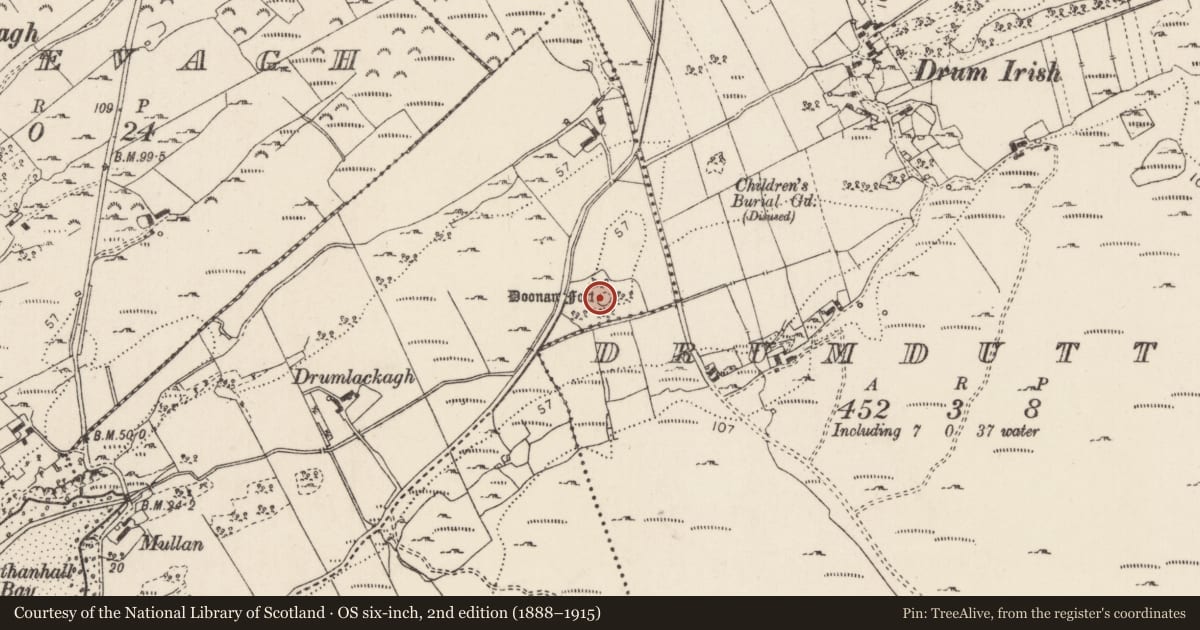 Ordnance Survey six-inch map, 2nd edition (1888–1915) covering the location of Ringfort - cashel, Drumlackagh, County Donegal, with a pin at the register's coordinates