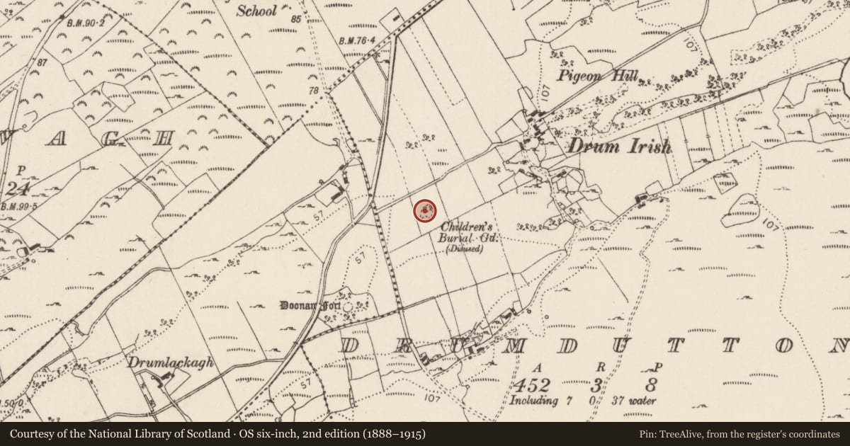 Ordnance Survey six-inch map, 2nd edition (1888–1915) covering the location of Children's burial ground, Drumdutton, County Donegal, with a pin at the register's coordinates