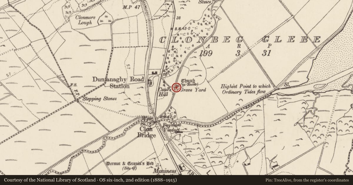 Ordnance Survey six-inch map, 2nd edition (1888–1915) covering the location of Graveyard, Clonbeg Glebe, County Donegal, with a pin at the register's coordinates