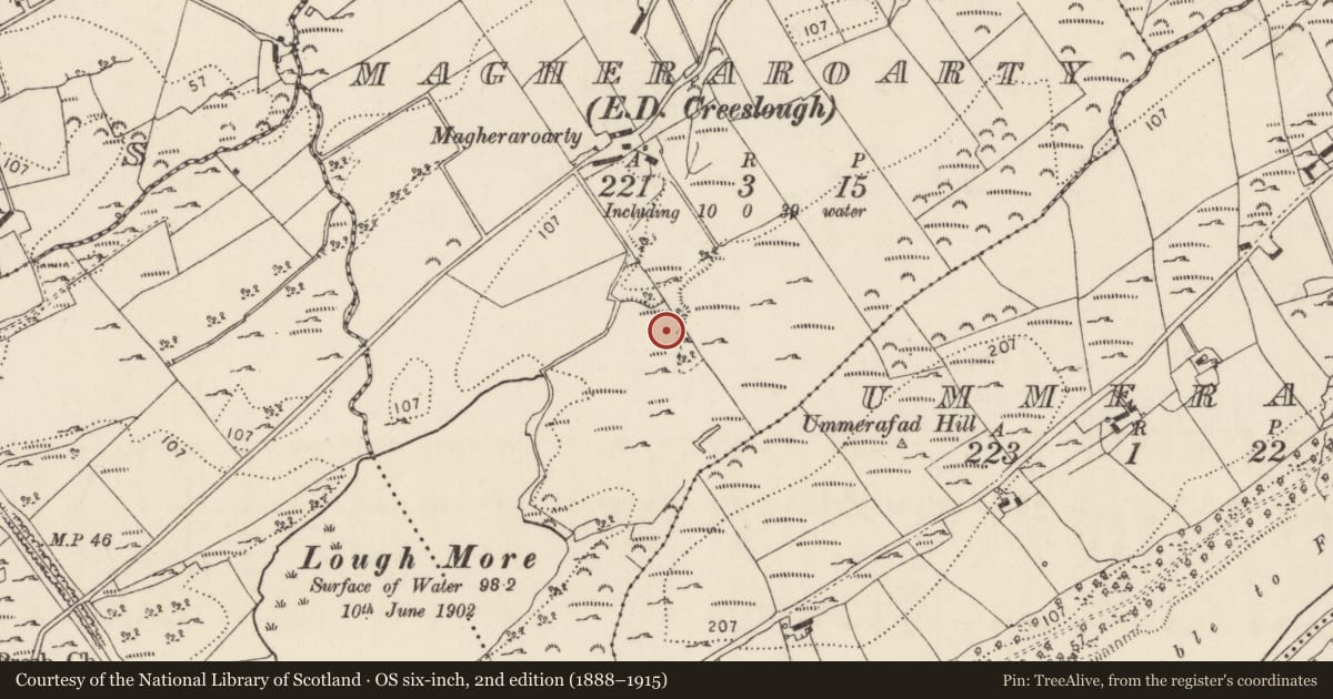Ordnance Survey six-inch map, 2nd edition (1888–1915) covering the location of Religious house - Franciscan Third Order Regular, MacHaire Uí Rabhartaigh (TC An Craoslach), County Donegal, with a pin at the register's coordinates