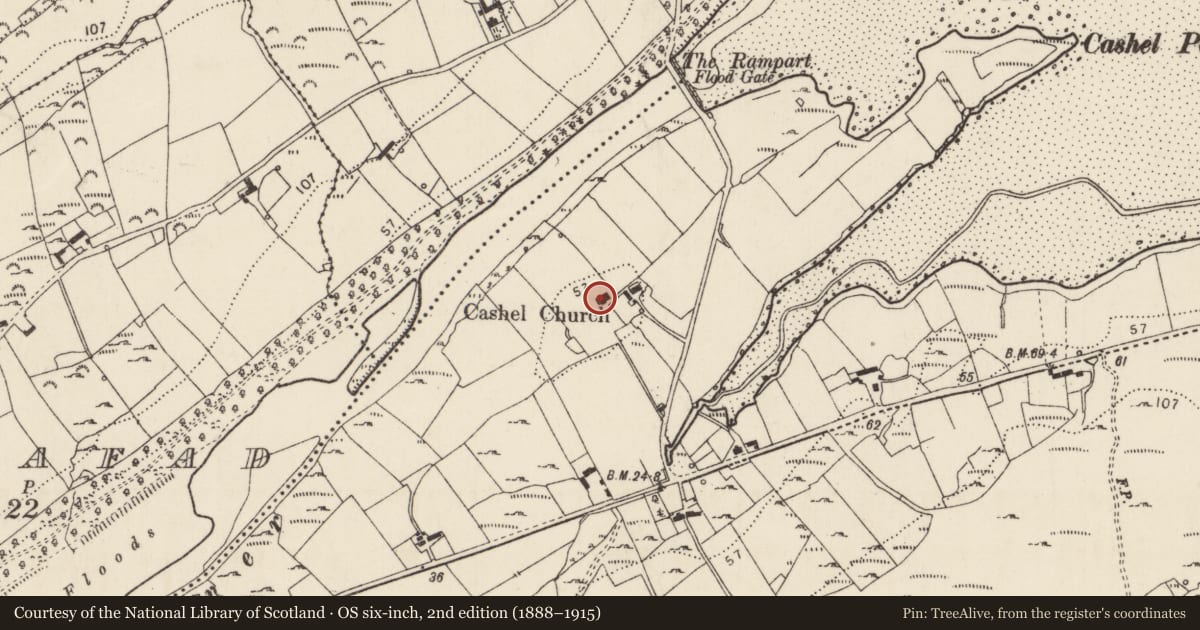 Ordnance Survey six-inch map, 2nd edition (1888–1915) covering the location of Church, Cashel, County Donegal, with a pin at the register's coordinates